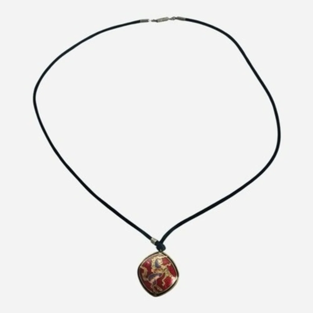 VNTG Red Gold Enamel Cloisonne Horse Unicorn Double Sided Pendant Cord Necklace